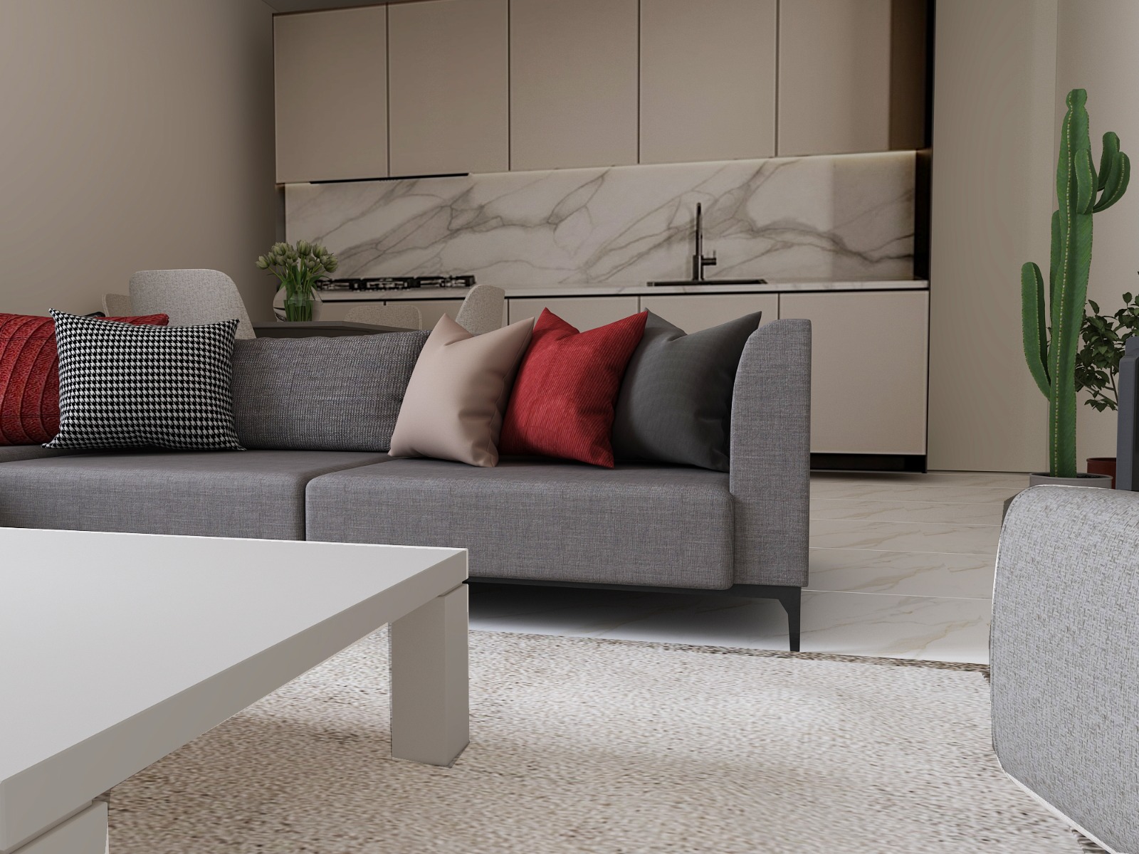 Living room and kitchen of a one-bedroom apartment at Sella Residences
